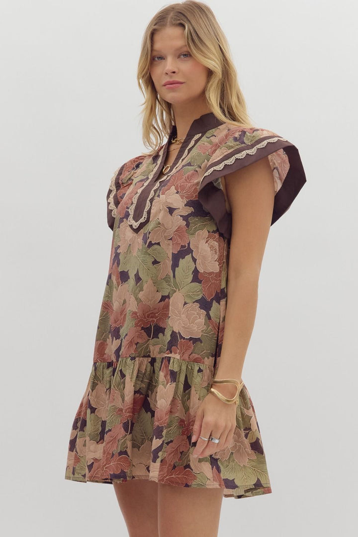 Brown Floral Flutter Sleeve Mini Dress