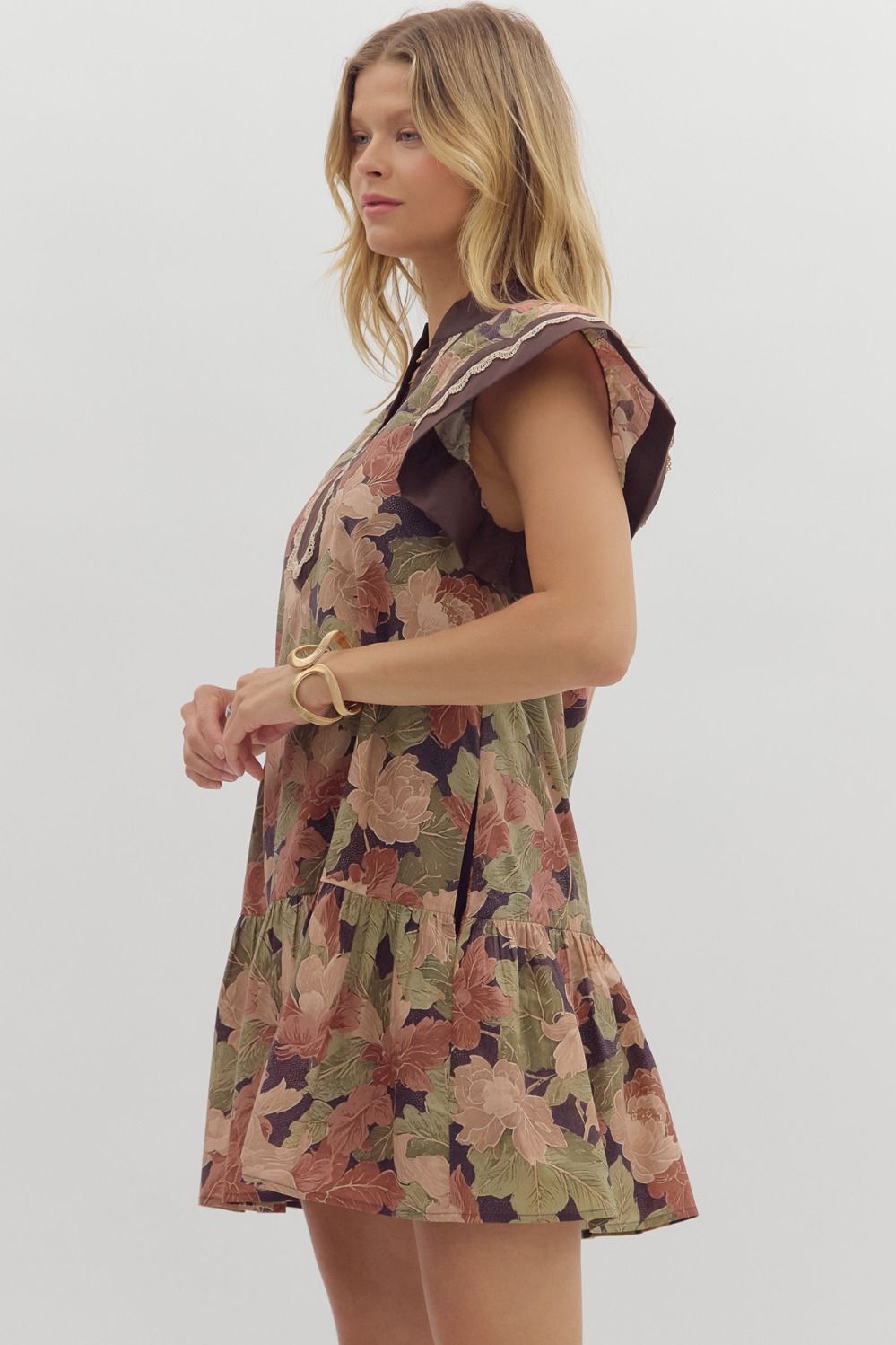 Brown Floral Flutter Sleeve Mini Dress