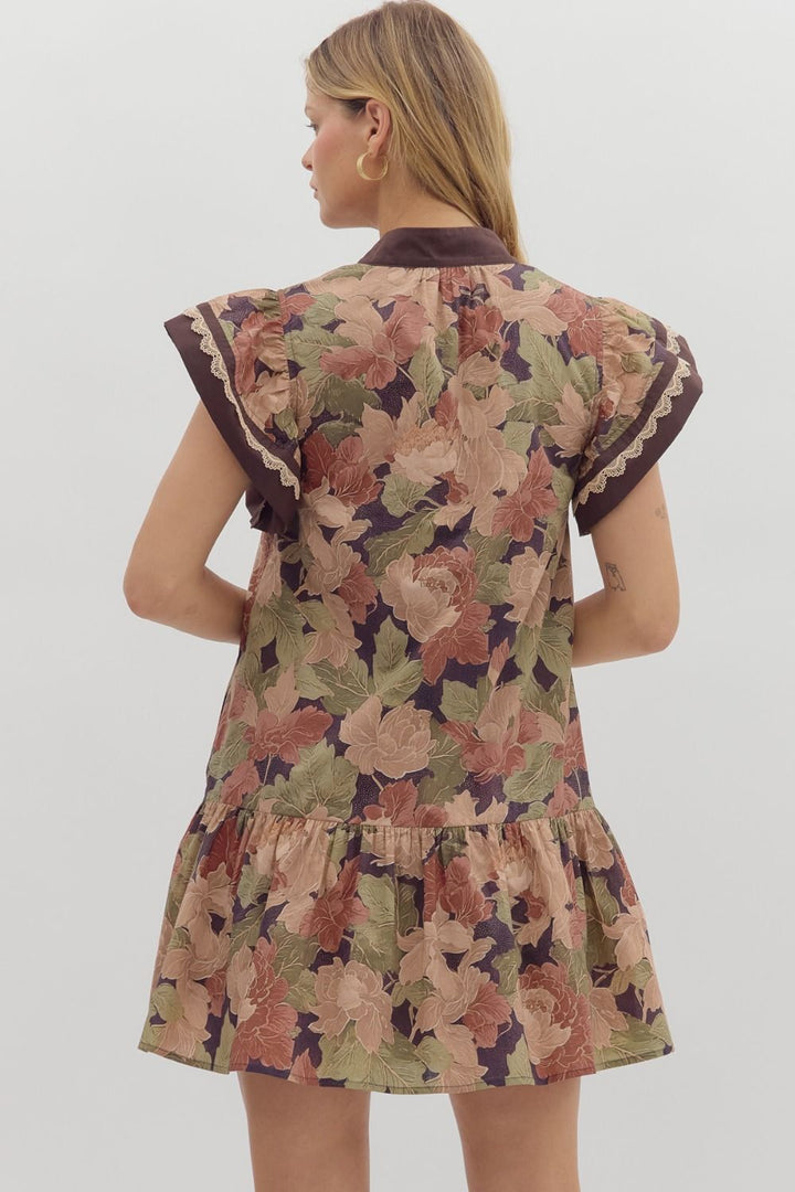 Brown Floral Flutter Sleeve Mini Dress