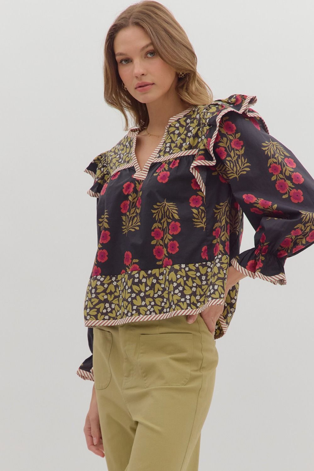 Black Multi-Print Ruffle Puff Sleeve Top