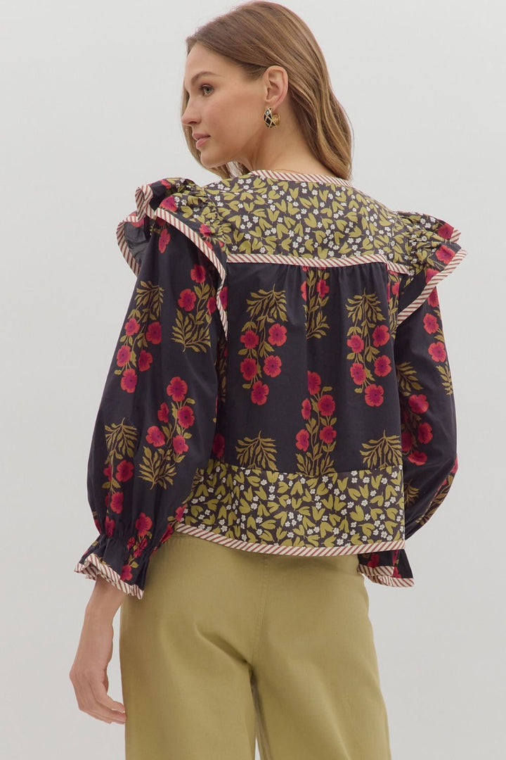 Black Multi-Print Ruffle Puff Sleeve Top