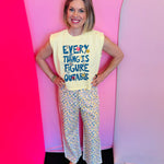 Yellow cropped muscle tank with navy motivational text and star accents