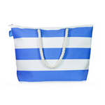 A large canvas tote bag with a horizontal blue and white stripe pattern and thick, white cotton rope handles.