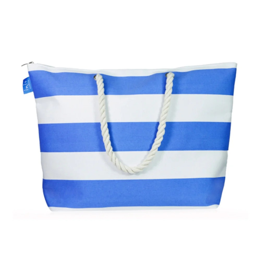 A large canvas tote bag with a horizontal blue and white stripe pattern and thick, white cotton rope handles.