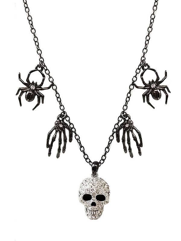 Halloween multi-charm necklace with spiders, skull hands, and a silver skull pendant.