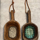 Beaded Wooden Scoop with Embossed Leather and Cowhide