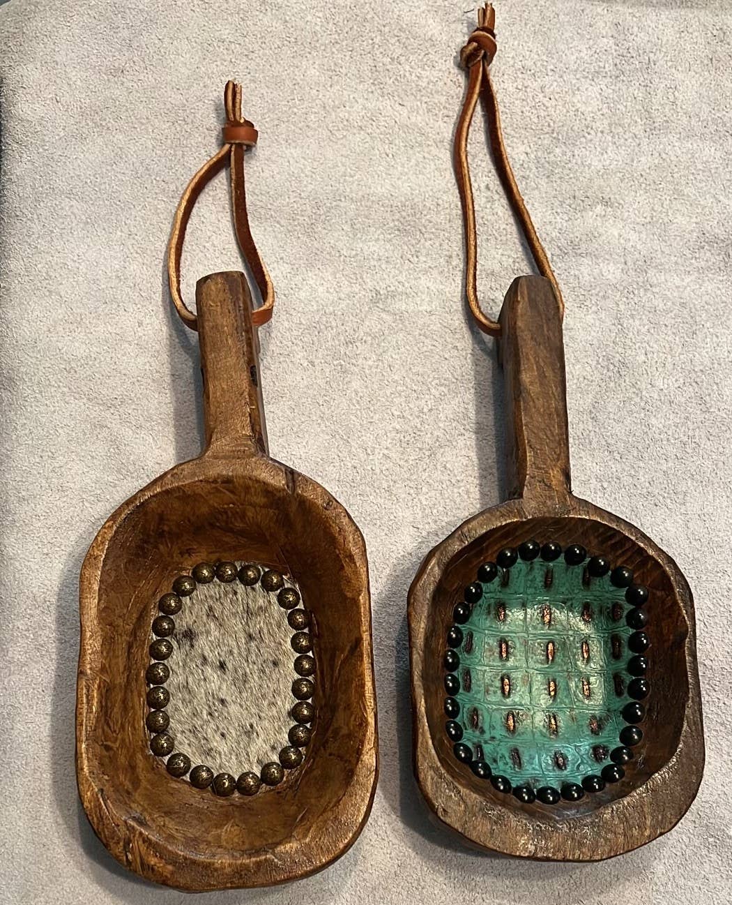Beaded Wooden Scoop with Embossed Leather and Cowhide