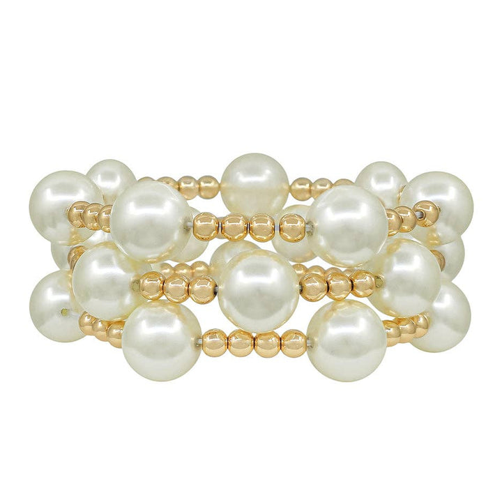 Set of 3 water-resistant pearl and gold beaded stretch bracelets with 14mm pearls and 5mm gold beads.