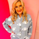 Chambray football print button-down top with frayed hem.