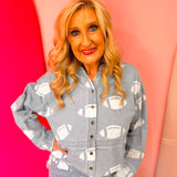 Chambray football print button-down top with frayed hem.