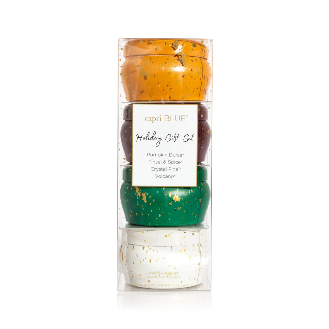 Capri Blue Glimmer Holiday Gift Set with four festive mini tin candles.