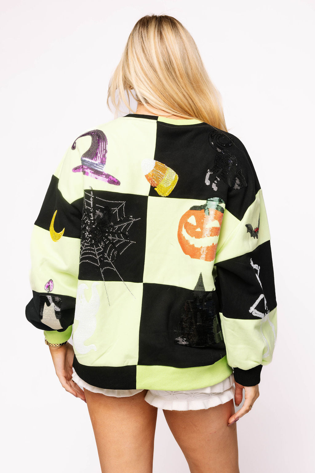 Queen Of Sparkles Light Green & Black Checkered Halloween Icon Sweatshirt