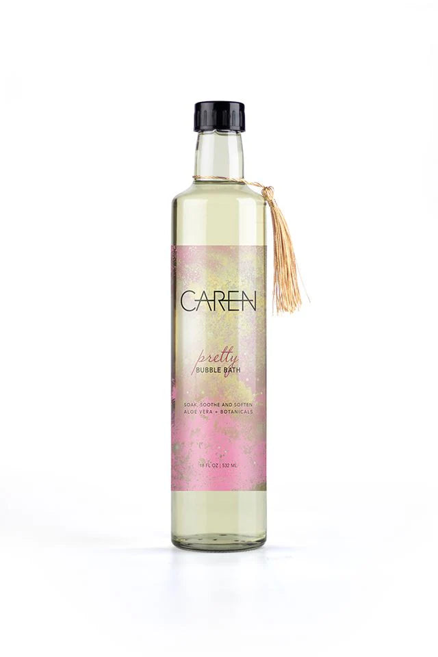 A sophisticated, clear glass bottle of "Pretty" bubble bath. 