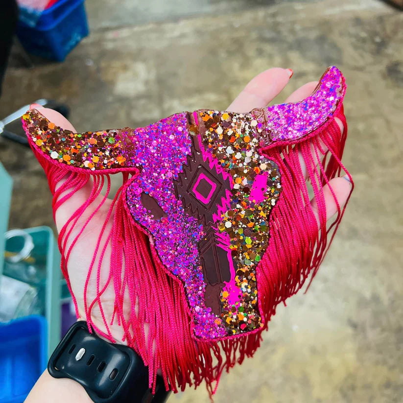 Fringed bull skull glittered car freshie