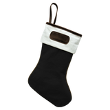 Jon Hart holiday stocking in coated canvas with leather trim and customizable leather patch for personalization.