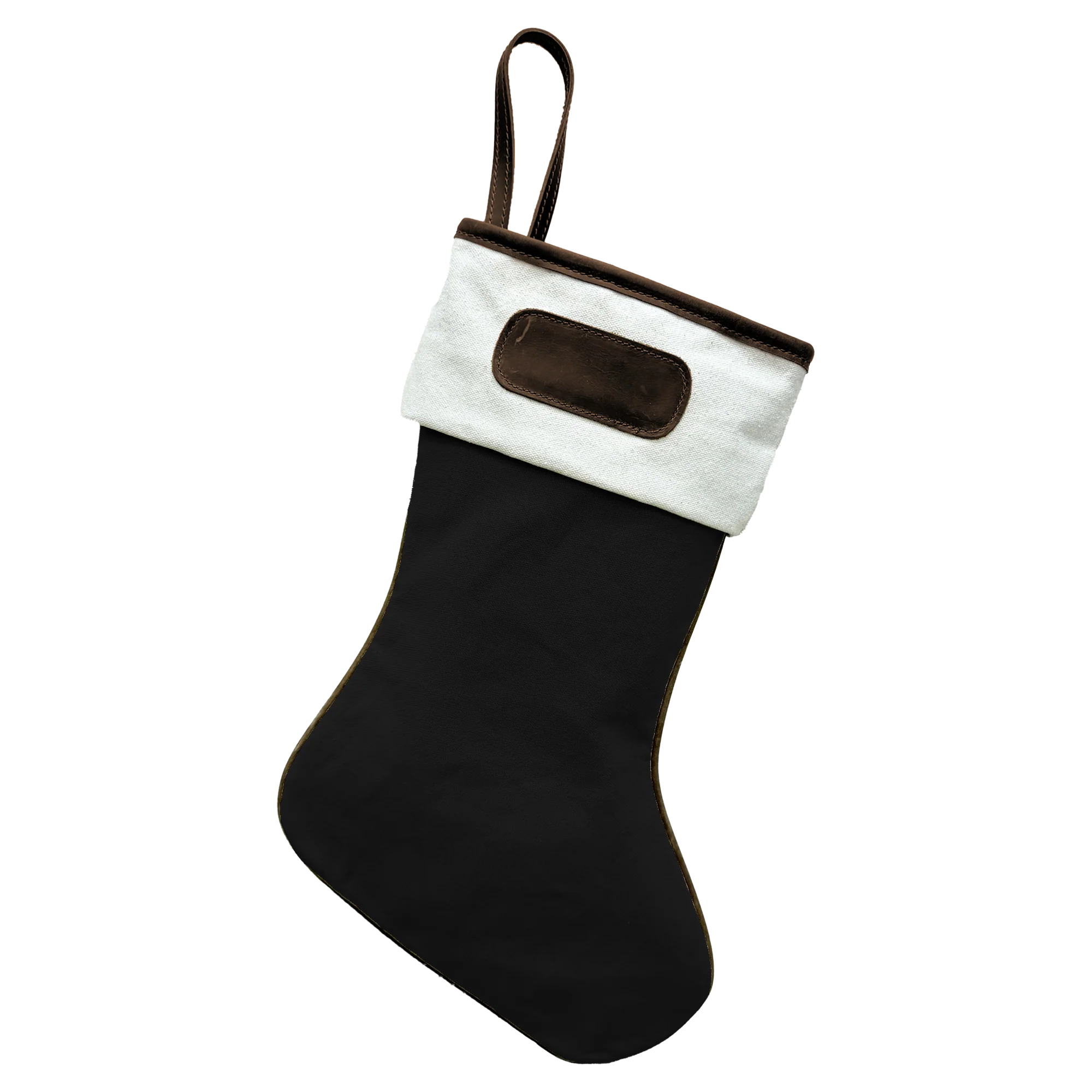 Jon Hart holiday stocking in coated canvas with leather trim and customizable leather patch for personalization.