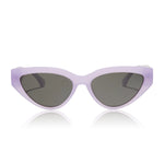 Flat lay of Dime Last Call Lavender Polarized Sunglasses featuring lavender cat-eye frames and flash polarized lenses for 100% UV protection.
