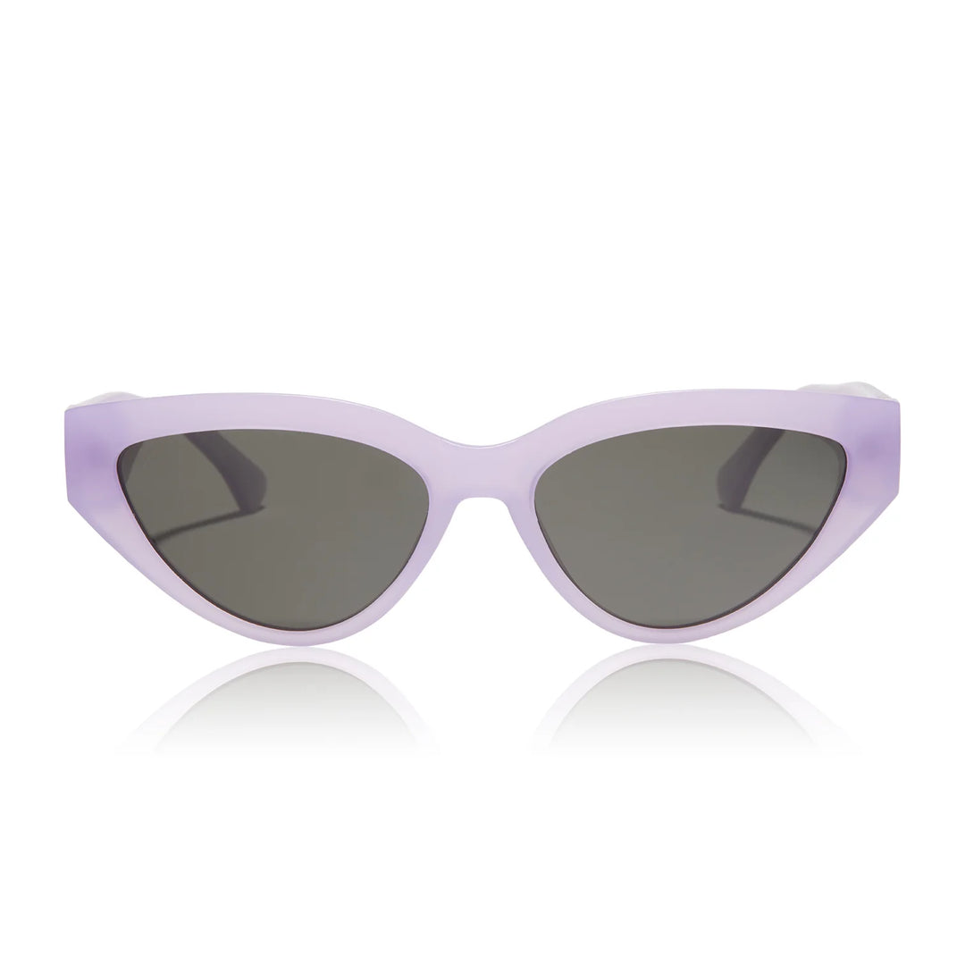 Flat lay of Dime Last Call Lavender Polarized Sunglasses featuring lavender cat-eye frames and flash polarized lenses for 100% UV protection.
