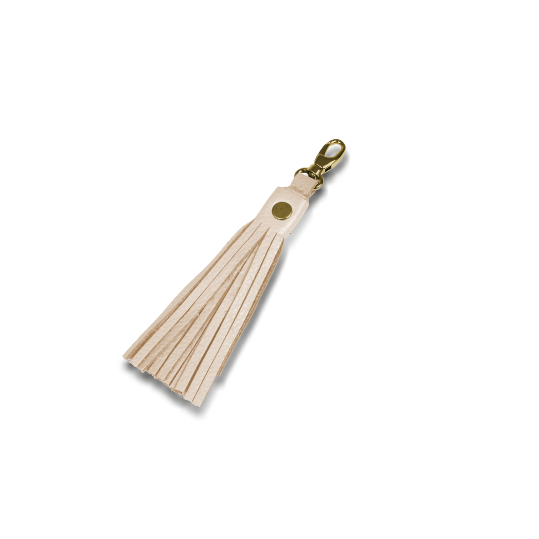 Jon Hart Detachable Leather Tassel with gold hardware and spring clasp, shown in a natural leather color option.