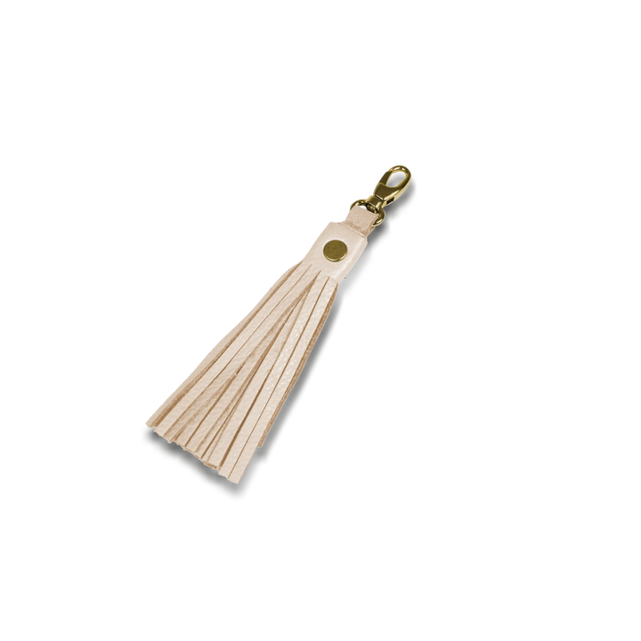 Jon Hart Detachable Leather Tassel with gold hardware and spring clasp, shown in a natural leather color option.