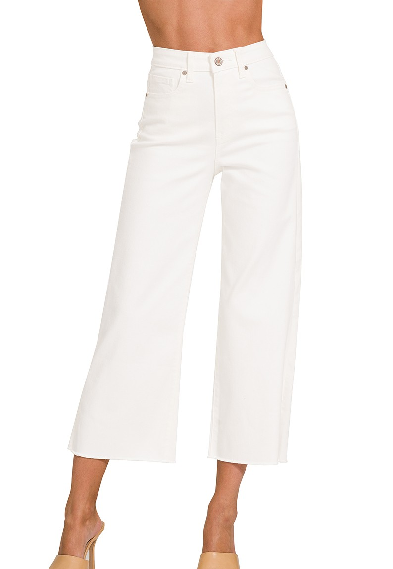 White high-rise cropped wide-leg denim pants with clean finish and relaxed fit.