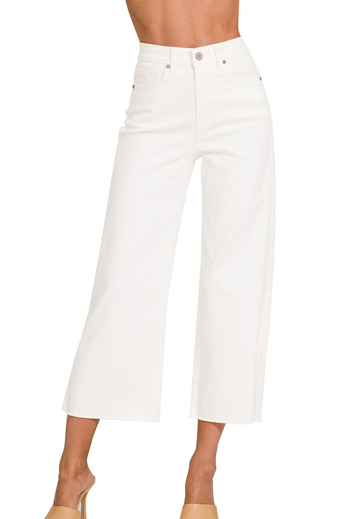 White high-rise cropped wide-leg denim pants with clean finish and relaxed fit.
