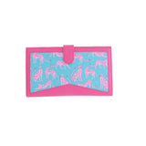 Pink and teal wallet with playful pink panthers and hot pink faux leather trim.