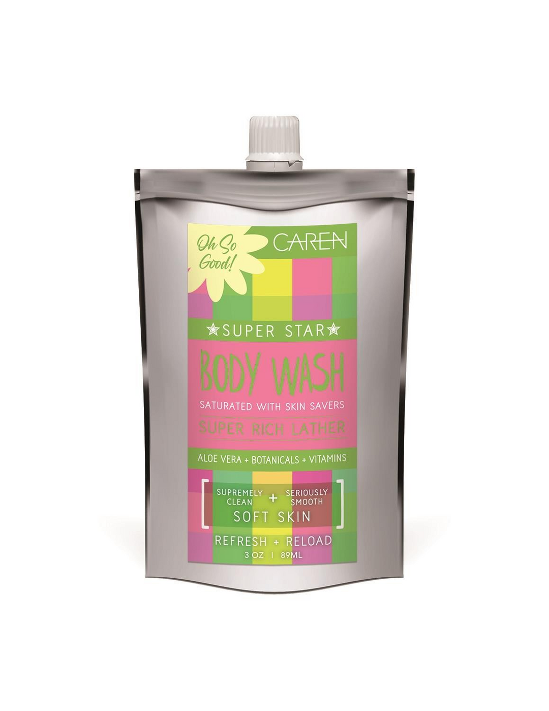 A 3 oz travel-sized pouch of "Plaid Seaside" body wash