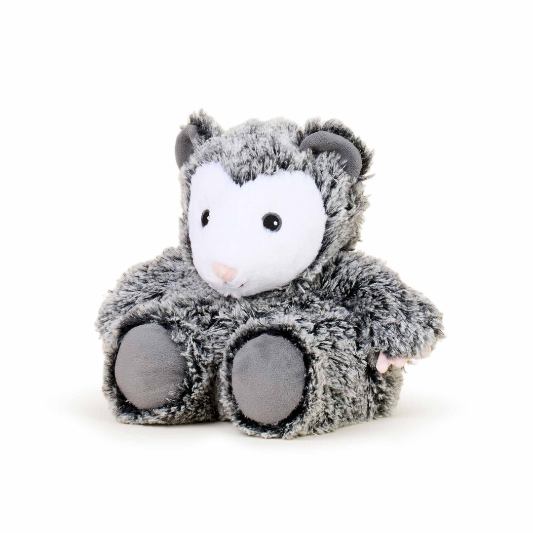 Opossum Warmies plush, microwavable and lavender-scented, perfect for warmth or cooling comfort.