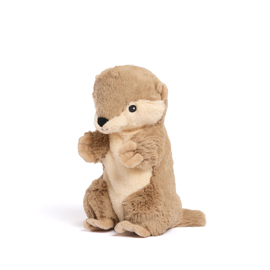 Junior-sized plush otter Warmies, microwavable, lavender-scented, and weighted for soothing warmth and comfort.