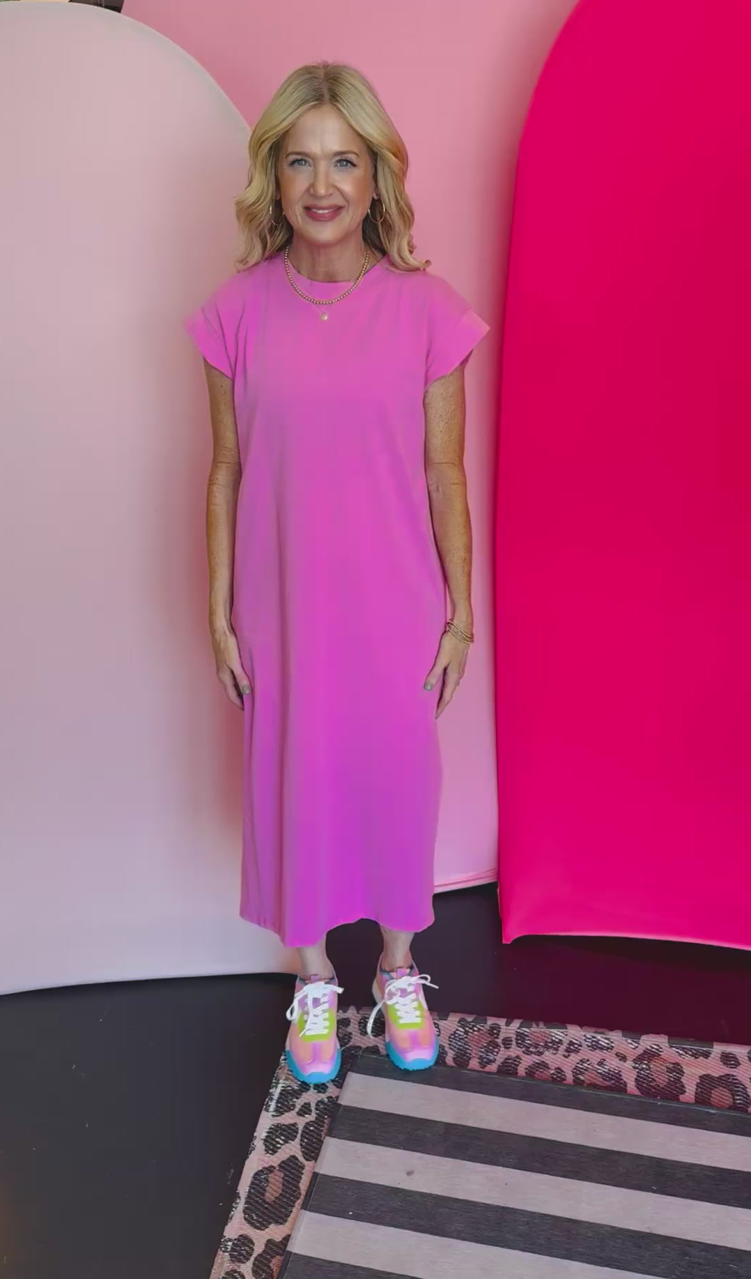 Candy Pink Short Sleeve Midi Dress