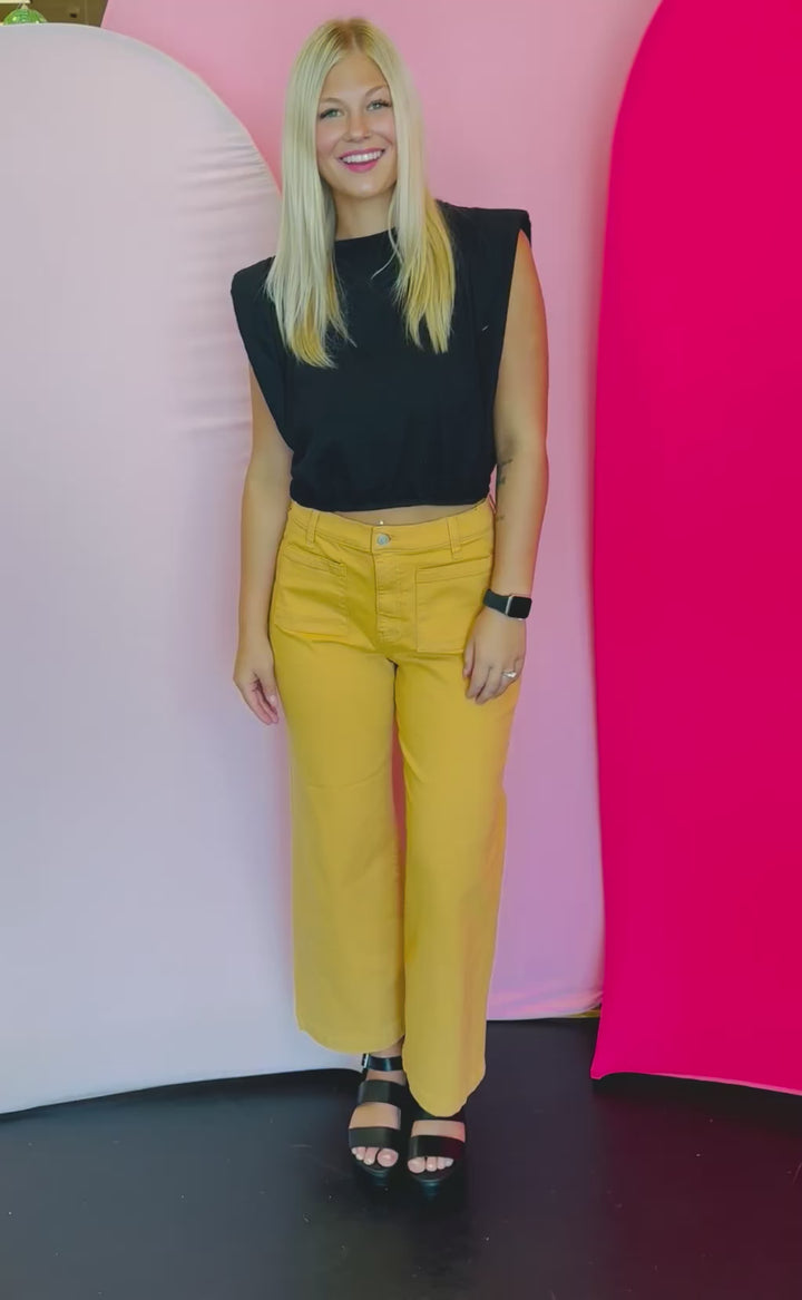 Inca gold high-rise crop wide-leg jeans with two front pockets and relaxed fit.