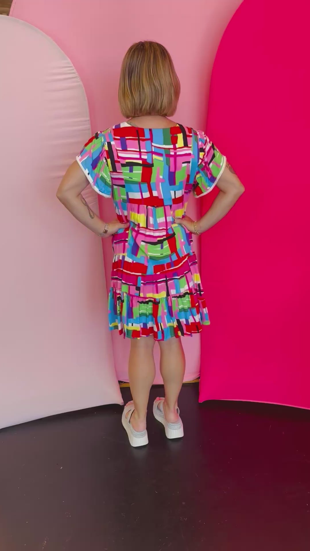 Multi Color Pattern Flutter Sleeve Dress