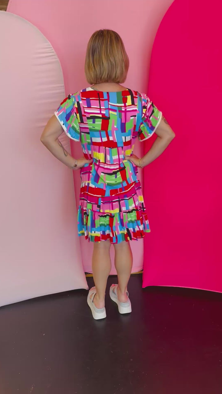Multi Color Pattern Flutter Sleeve Dress