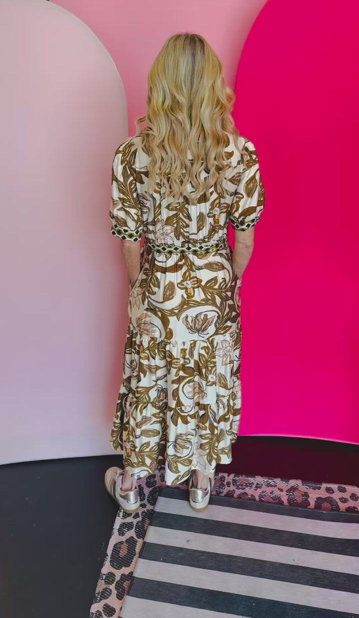 Brown Floral Print Tiered Dress