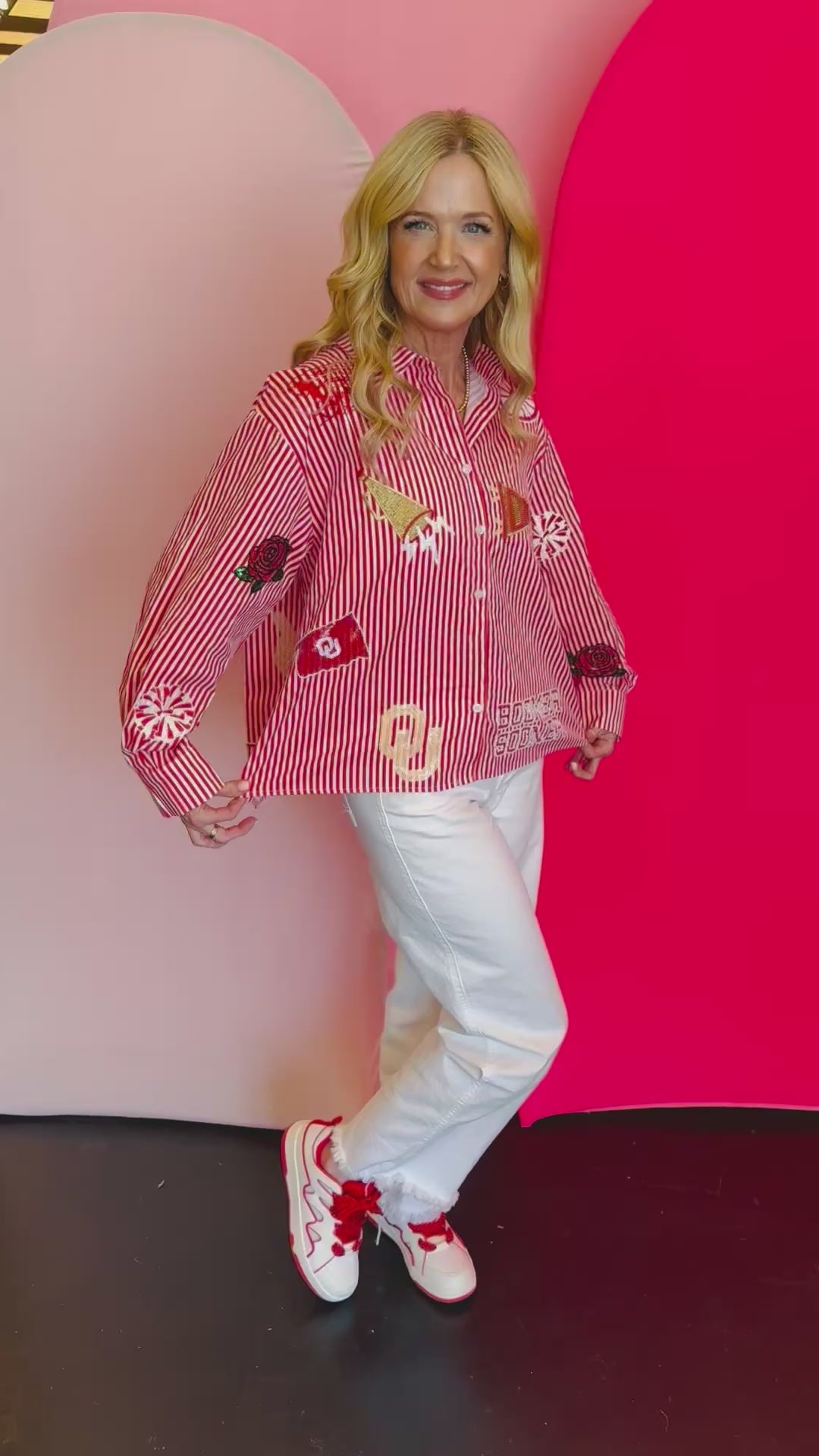Video of Queen Of Sparkles crimson red and white stripe icon University Of Oklahoma game day blouse.