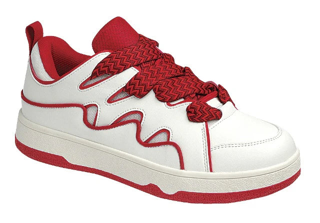 Red and white sneakers with a dynamic wave design, thick platform sole, and zigzag laces — bold, sporty, and eye-catching.