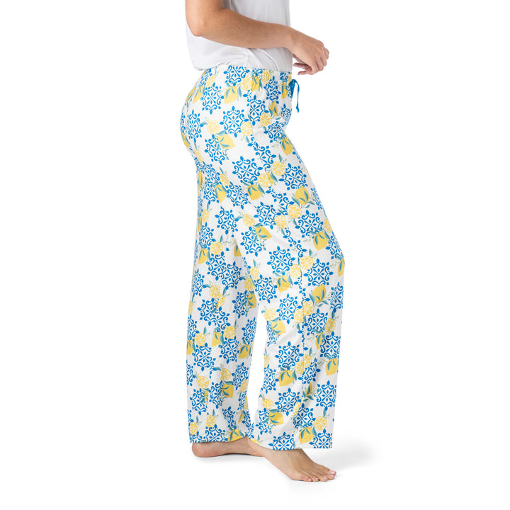 Wide-leg lounge pants in soft, stretchy fabric with elastic waistband, & drawstring tie.