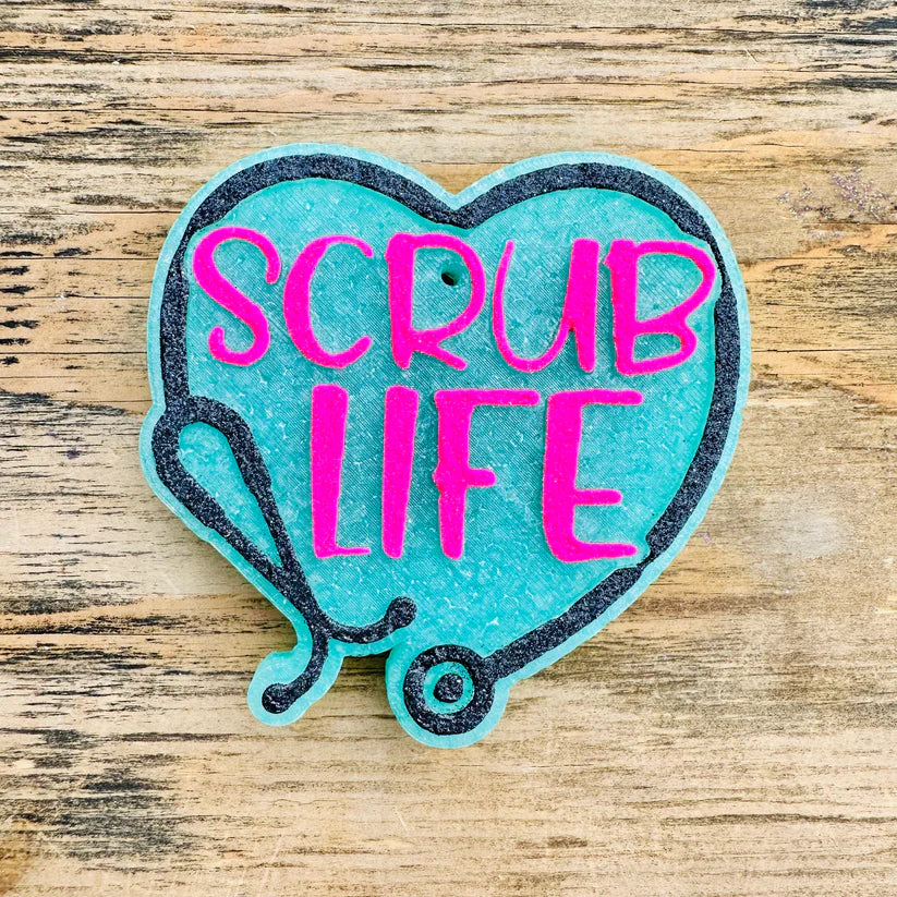 heart-shaped car freshie with nurse Scrub Life graphics