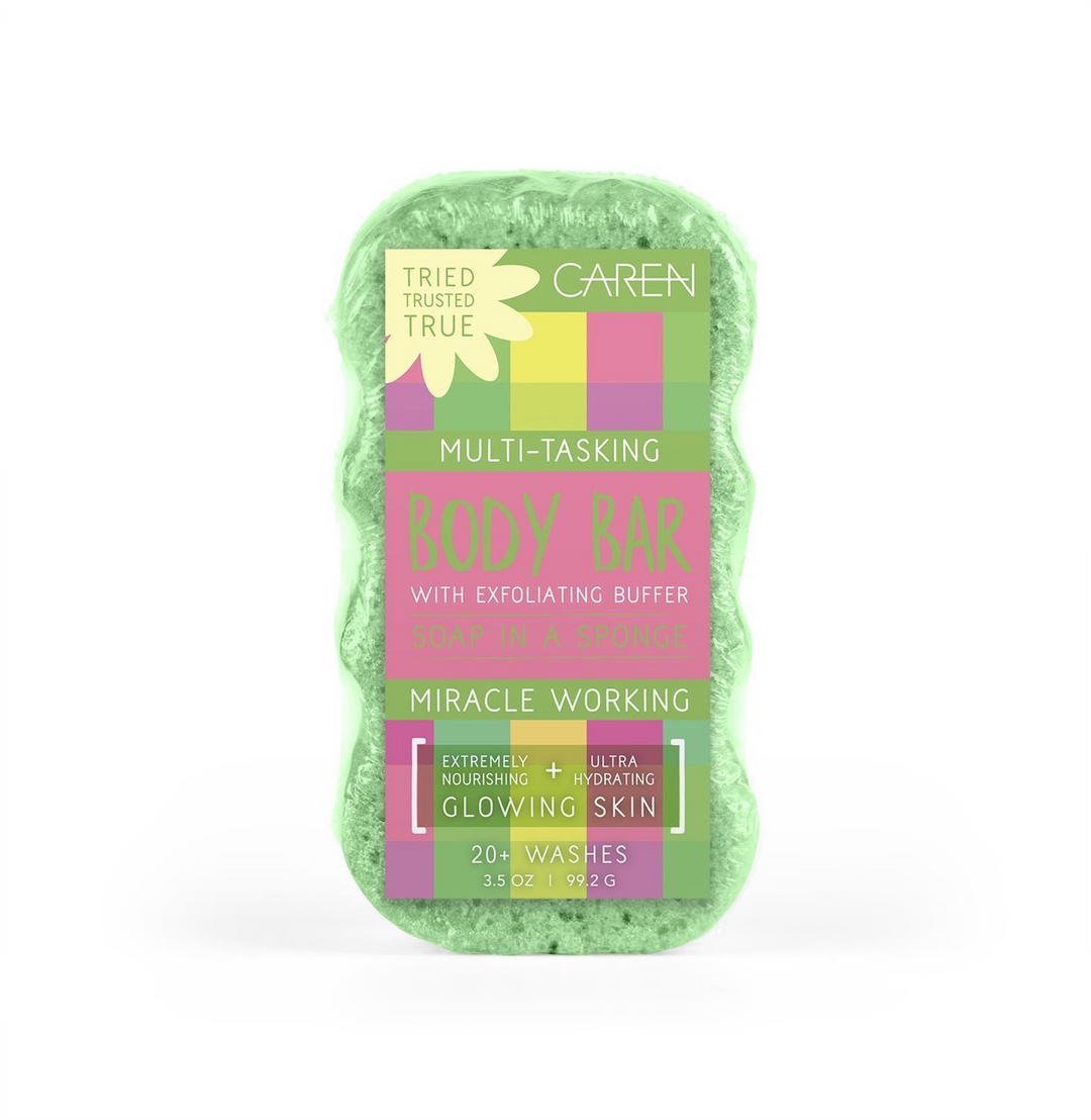 A soap-infused sponge with a stylish green plaid pattern.
