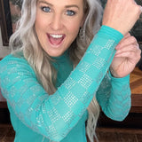 Rhinestones Checked In Turquoise Mesh Top