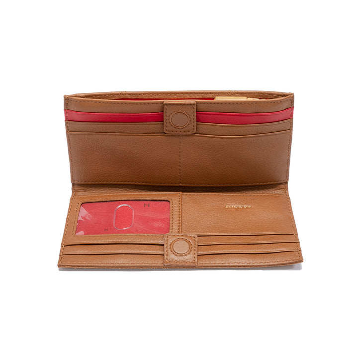 Hammitt 110 North mahoganh luxury leather folding wallet with a magnetic closure, red accents and gold hardware.