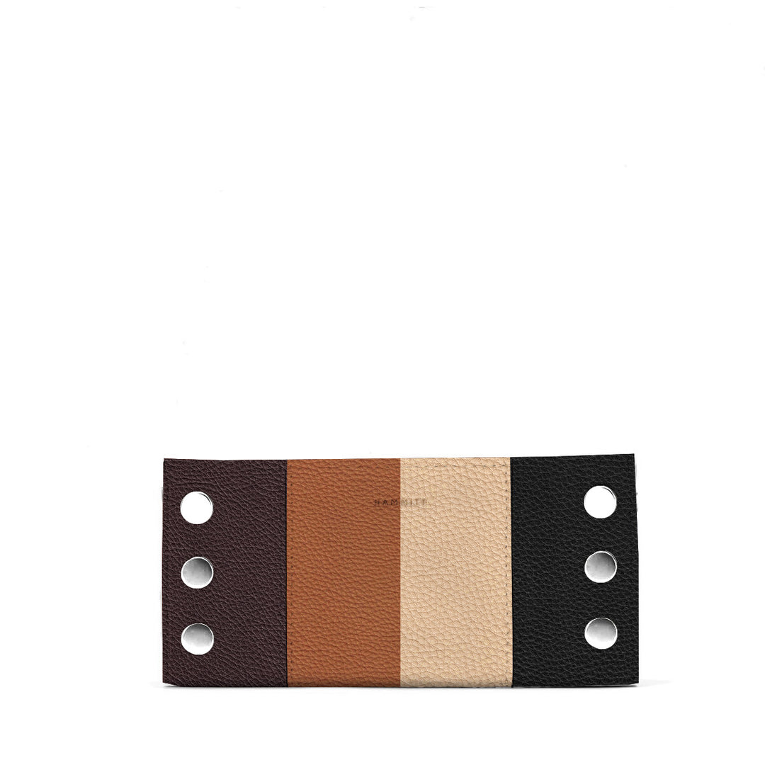 Hammitt 110 North Strata - A luxury leather folding wallet with a colorblock design in black, brown, tan, and gray. 