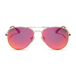 Gold aviator sunglasses with red mirror polarized lenses, featuring a sleek top bar and thin stainless steel frame.