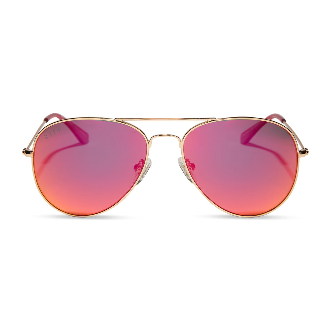 Gold aviator sunglasses with red mirror polarized lenses, featuring a sleek top bar and thin stainless steel frame.