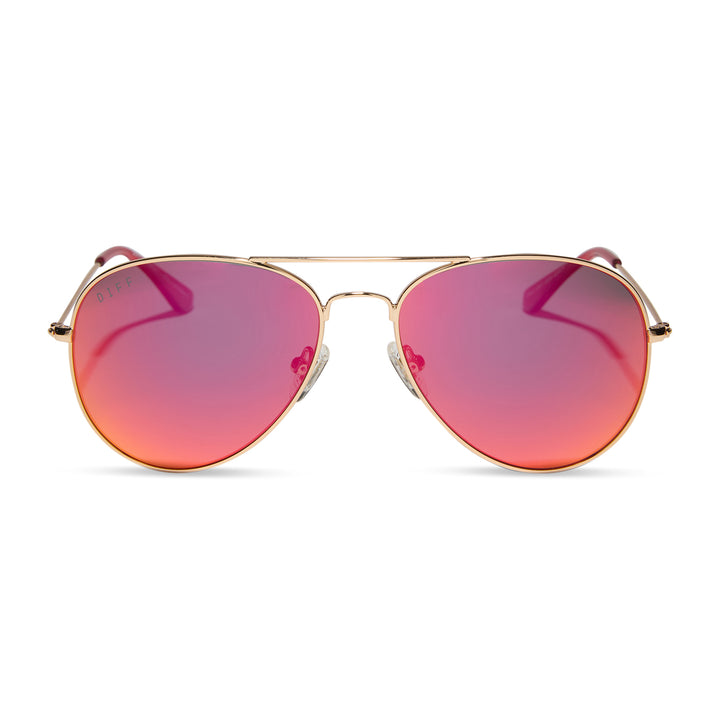 Gold aviator sunglasses with red mirror polarized lenses, featuring a sleek top bar and thin stainless steel frame.