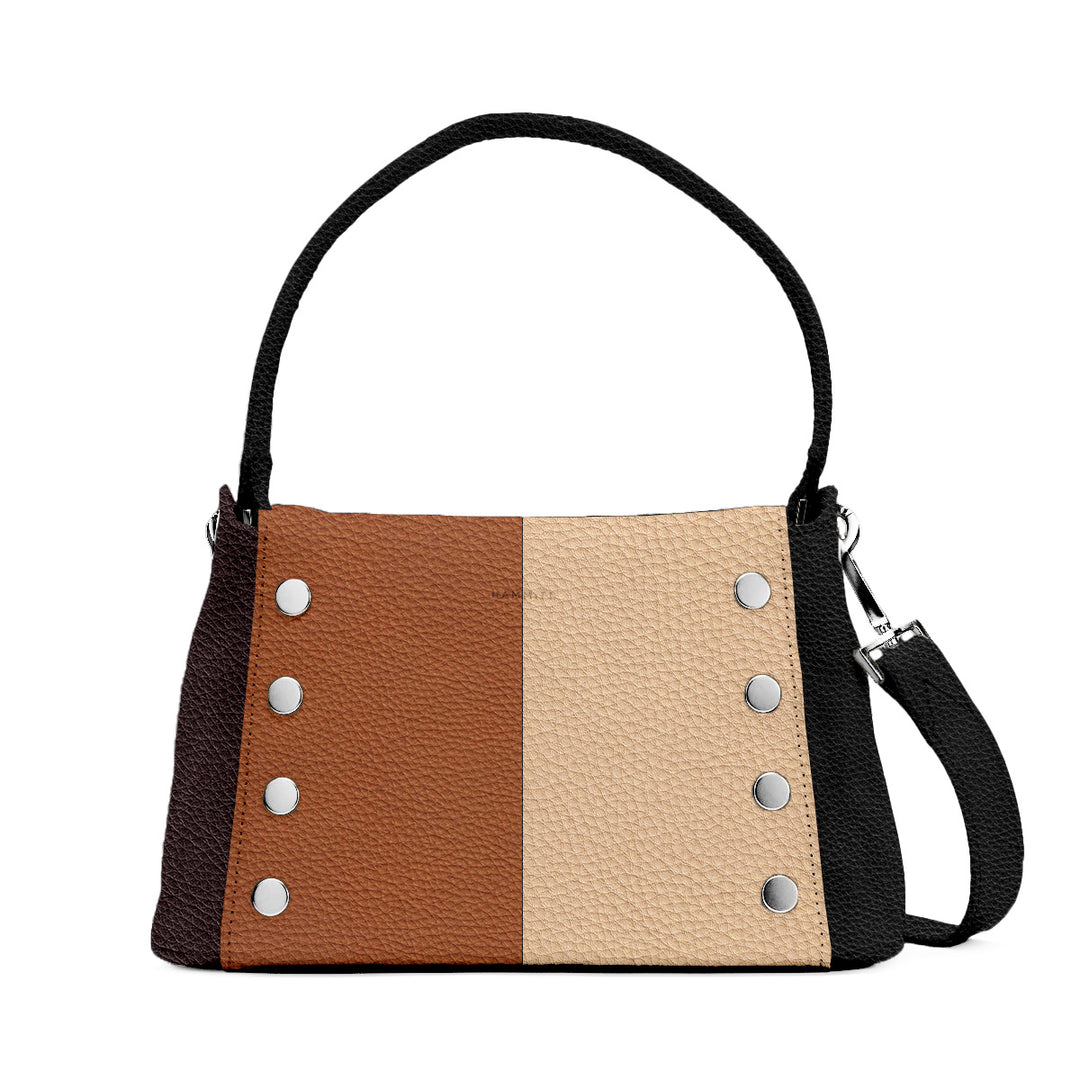 Hammitt Bryant A medium leather colorblock bag in black, brown, and tan with two strap options.