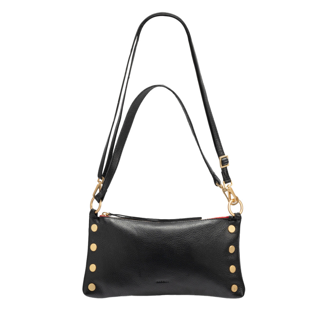 Hammitt Kyle Small - A slouchy, black luxury leather bag with gold hardware and red zipper, shown with its three strap options.