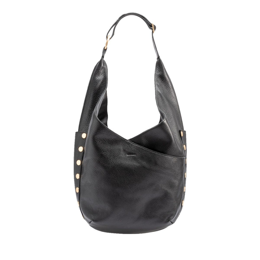 Hammitt Tom - A large, slouchy hobo bag in black luxury leather with brushed gold hardwareand red zipper.