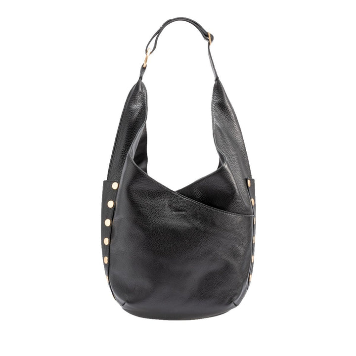Hammitt Tom - A large, slouchy hobo bag in black luxury leather with brushed gold hardwareand red zipper.